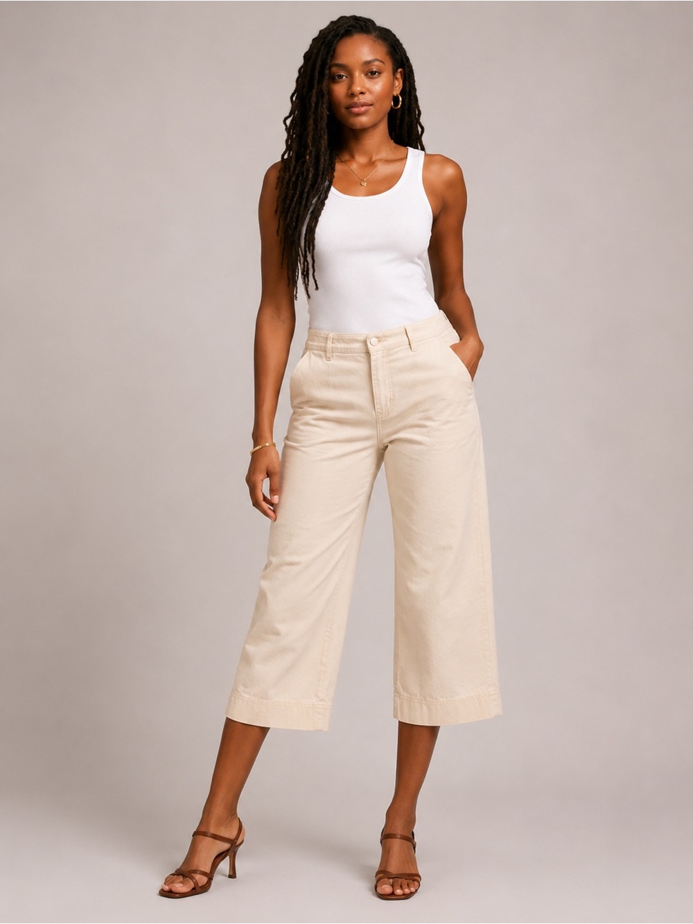 LOFT Wide-Leg Cropped Linen Cotton Pants in Light Cream Size 8 Petite